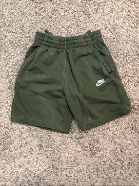 Nike Olive Green Kids Fleece Shorts with White Swoosh
